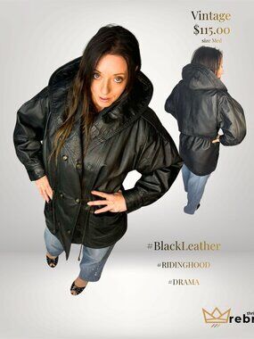 Vintage Cosa Nova Black Leather Hooded Jacket Coat Med large